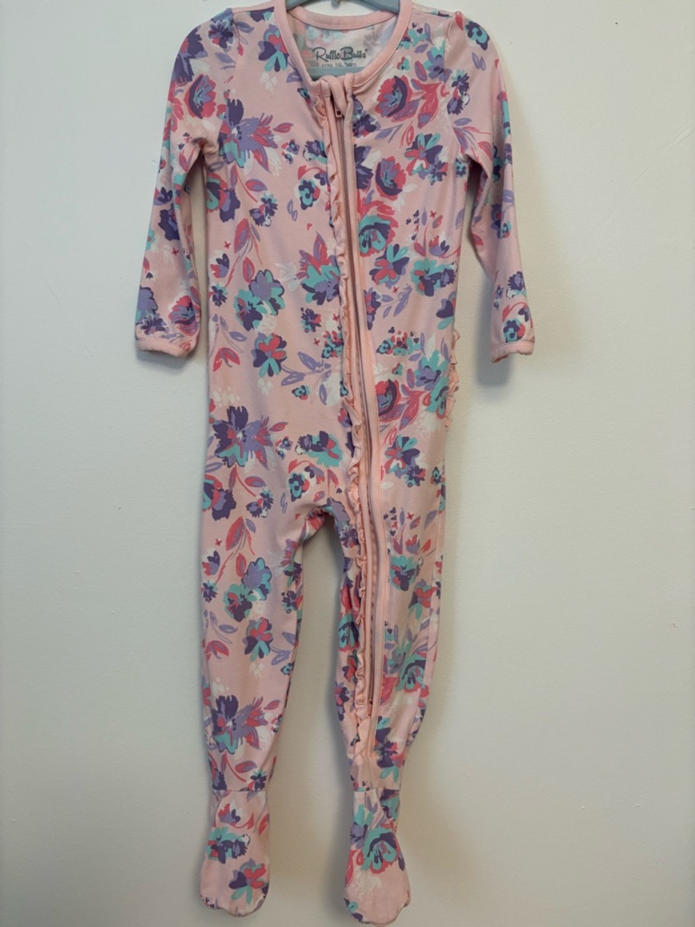 Ruffle Butts Pink Floral Footed One-Piece with Purple & Teal Blooms